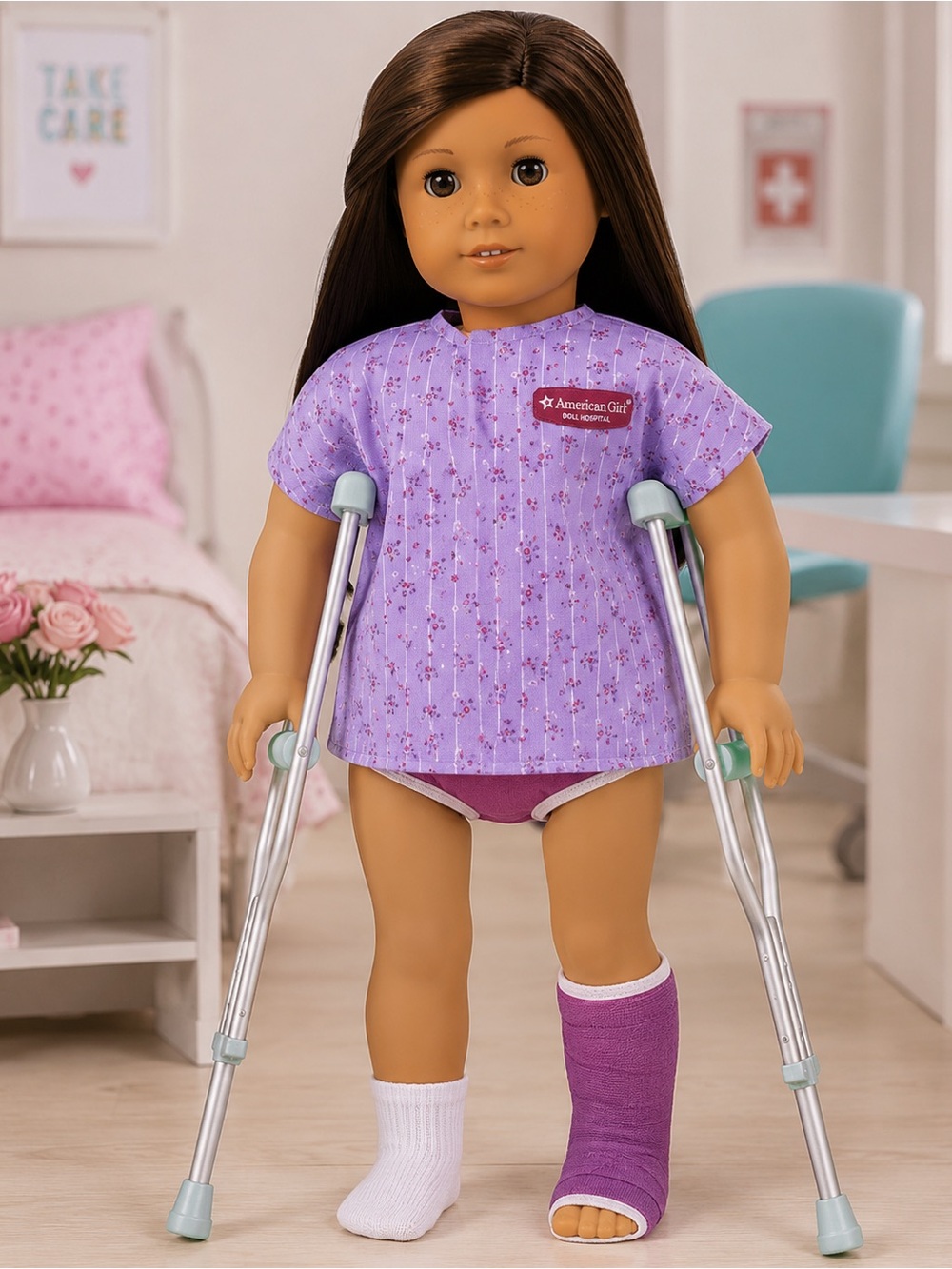 American Girl Doll Bitty Baby Purple Floral Doll Hospital‎ Gown & Crutches Set